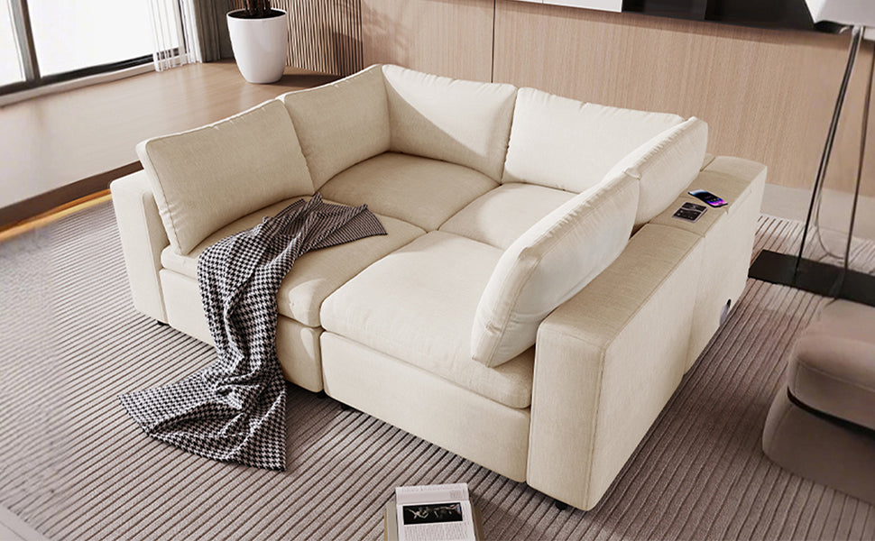 Upholstered Modular Sofa With With Storage Space, Usb Charge Ports,Wireless Charging And Built In Bluetooth Speaker In Arm,Sectional Sofa For Living Room Apartment. Old Sku:Wy000317Aaa Beige