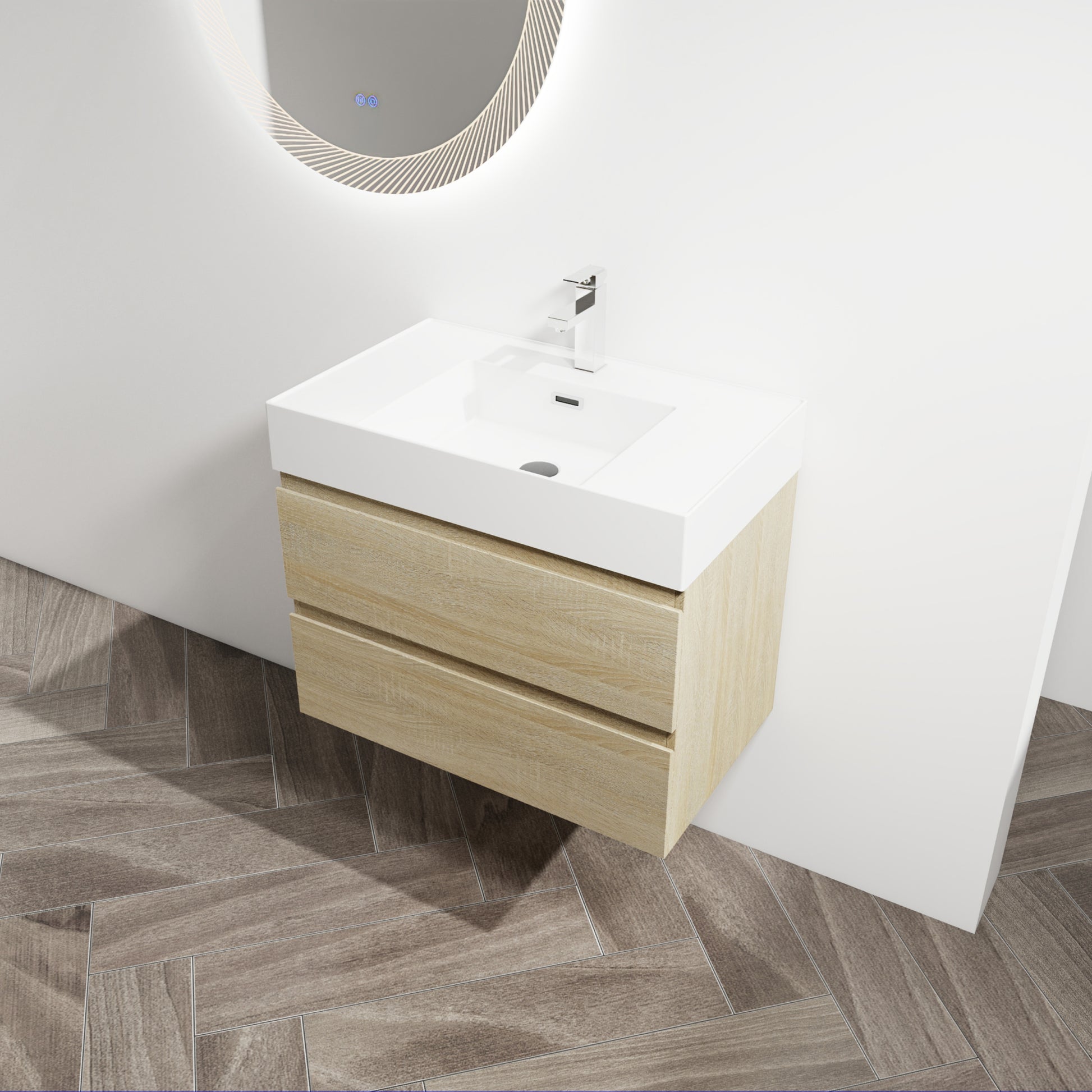 30" Wall Mounted Bathroom Vanity With Resin Sink, 2 Soft Close Drawers, Kd Package 2 Light Oak Bathroom Wall Mounted Modern Plywood