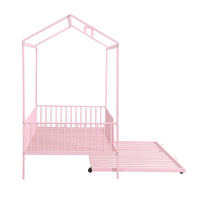 Twin Size Metal House Bed With Fence, With Trundle, Pink Expected Arrival Time: 10.18 Twin Pink Metal