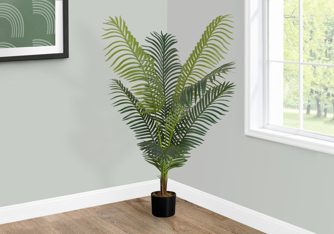 Artificial Plant, 47" Tall, Palm Tree, Indoor, Faux, Fake, Floor, Greenery, Potted, Real Touch, Decorative, Green Leaves, Black Pot Green Plastic