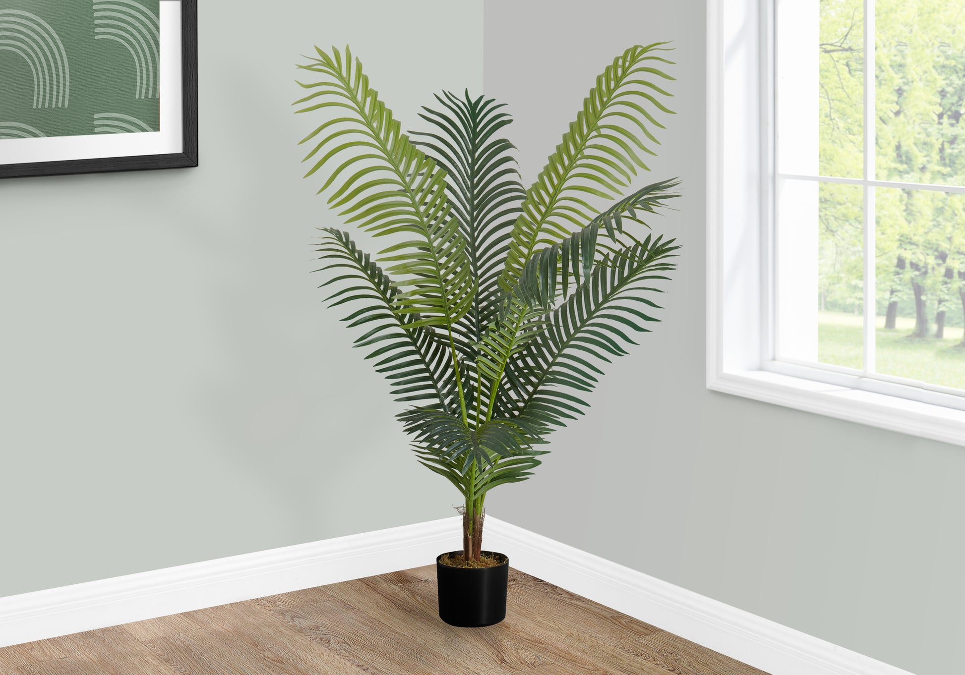 Artificial Plant, 47" Tall, Palm Tree, Indoor, Faux, Fake, Floor, Greenery, Potted, Real Touch, Decorative, Green Leaves, Black Pot Green Plastic