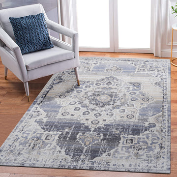 8X10 Cream Blue Medallion Non Shedding Living Room Bedroom Dining Home Office Stylish And Stain Resistant Area Rug Cream Blue Polyester