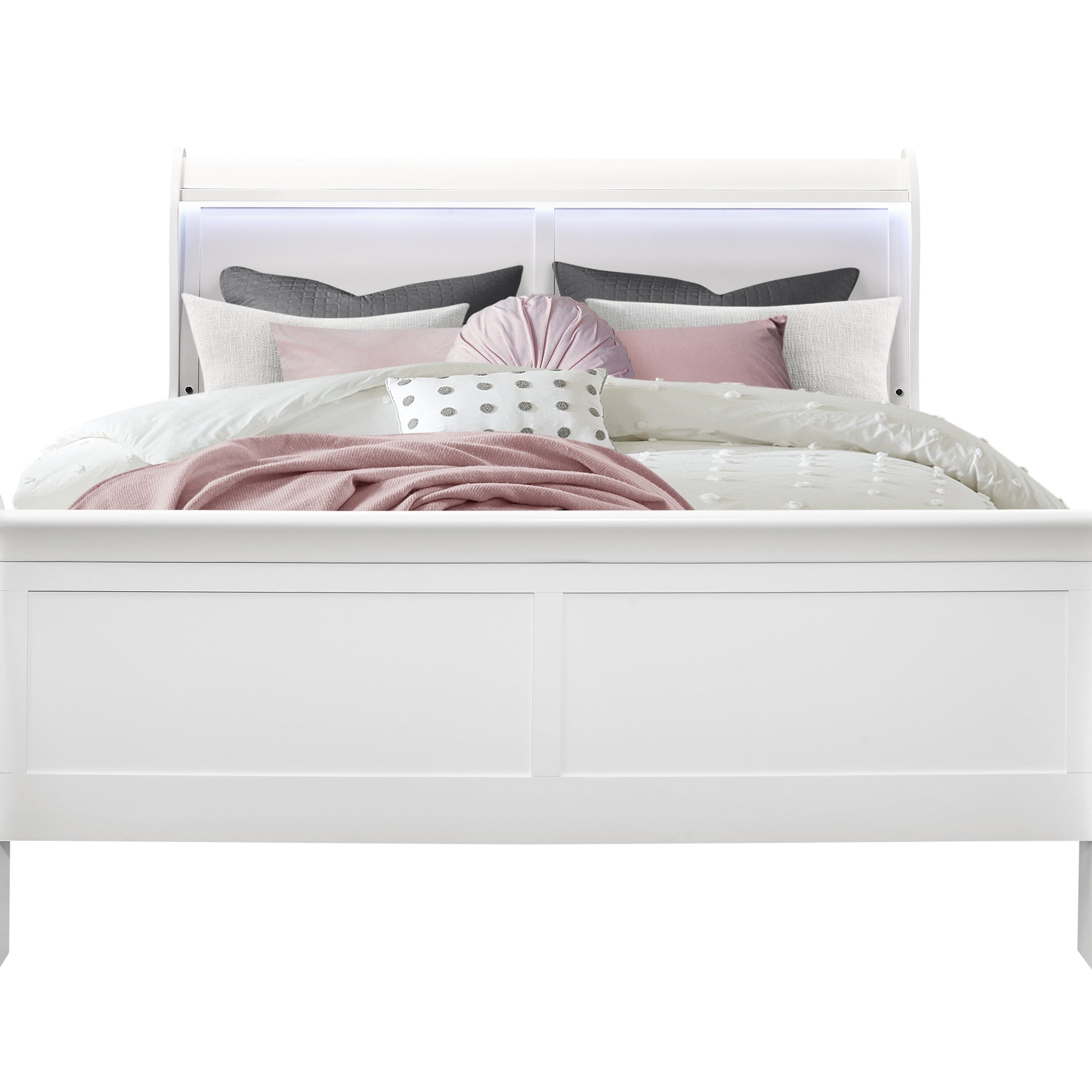 Charlston White Queen Bed With Led White Solid Wood Mdf