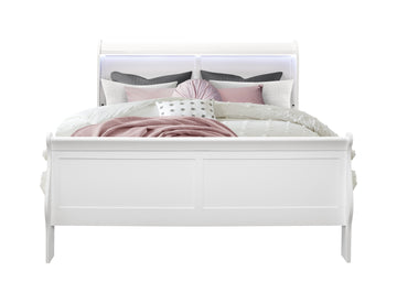 Charlston White Queen Bed With Led White Solid Wood Mdf