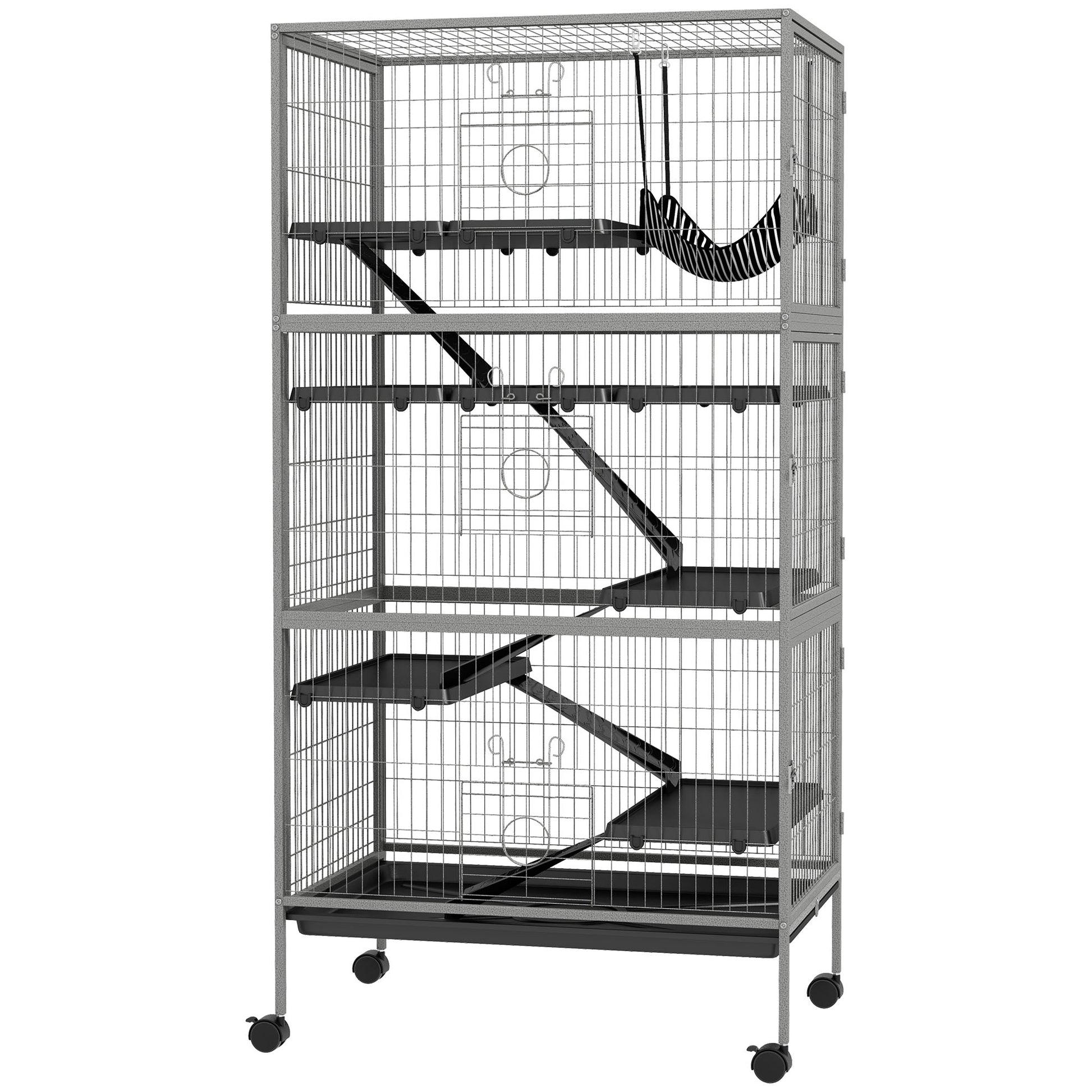 Pawhut 63" 6 Tier Small Animal Cage, Ferret Cage, Large Chinchilla Cage With Hammock Accessory & Heavy Duty Steel Wire, Small Animal Habitat With 6 Doors, Removable Tray, Gray Gray Iron Plastic