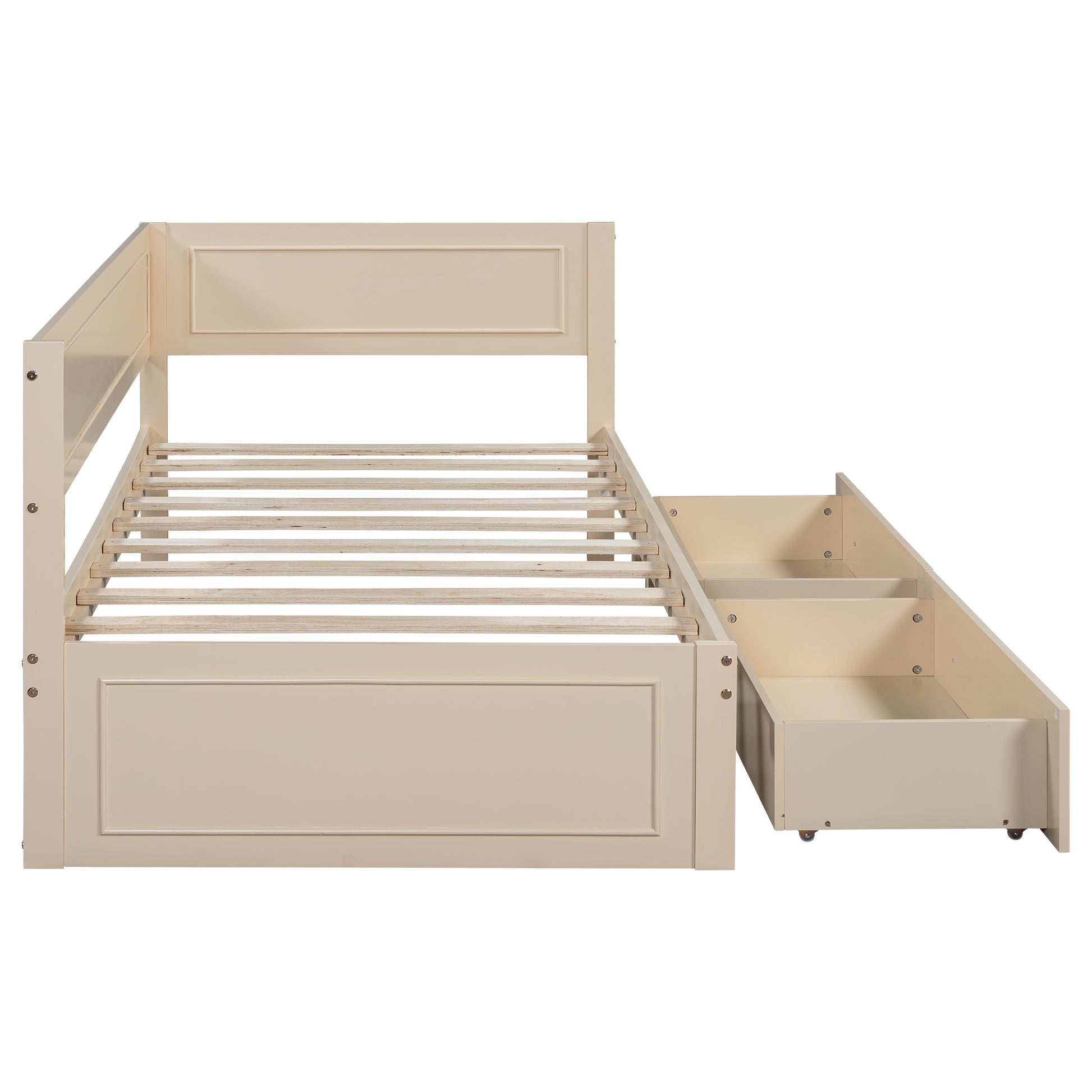 Twin Size Wood Daybed With 2 Drawers And Guardrail, Beige Beige Solid Wood Mdf