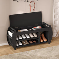 Retro Multifunctional Storage Bench With Cushion And Curved Side Panel For Entrance And Living Room Black Black Mdf