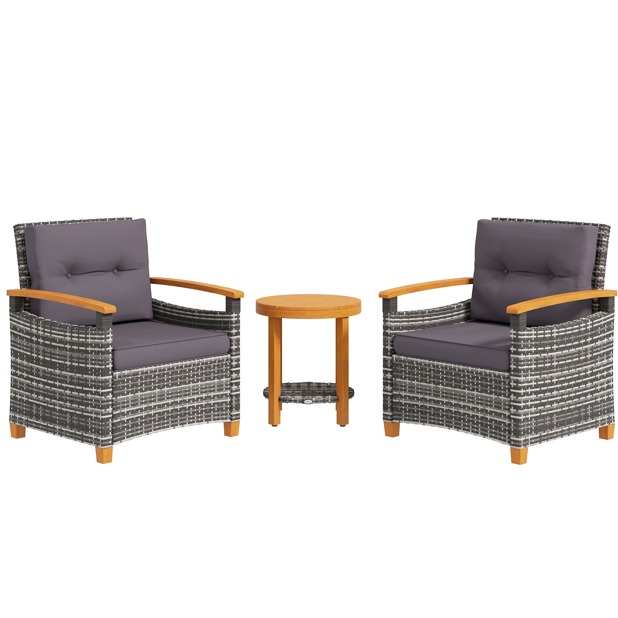 Outsunny 3 Pieces Patio Bistro Set Wooden With Cushions, Pe Wicker Patio Furniture Outdoor For Porch, Backyard, Garden, Gray Gray Rattan Metal