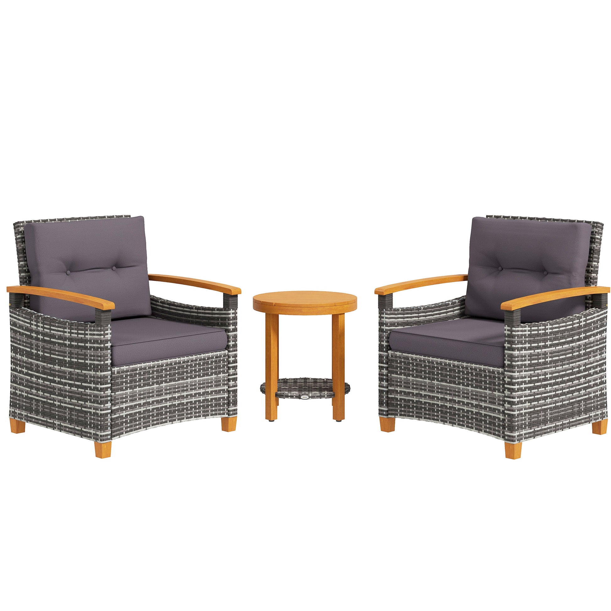 Outsunny 3 Pieces Patio Bistro Set Wooden With Cushions, Pe Wicker Patio Furniture Outdoor For Porch, Backyard, Garden, Gray Gray Rattan Metal