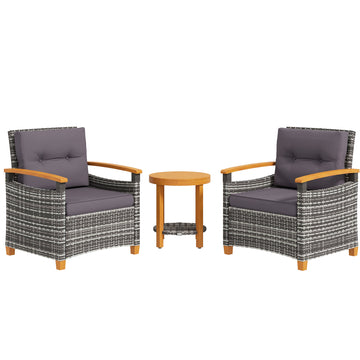 Outsunny 3 Pieces Patio Bistro Set Wooden With Cushions, Pe Wicker Patio Furniture Outdoor For Porch, Backyard, Garden, Gray Gray Rattan Metal