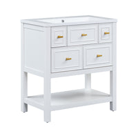 30'' Bathroom Vanity With Resin Sink Combo, Free Standing Single Vanity Set With 5 Drawers, Solid Wood Frame Bathroom Storage Cabinet, White 4 White 1 Bathroom Freestanding Modern Solid Wood Mdf Resin Painted