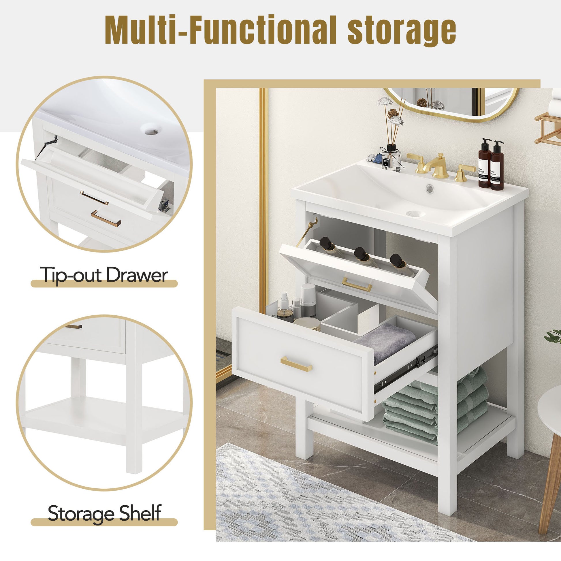 24'' Bathroom Vanity With Top Sink, Modern Bathroom Storage Cabinet With 2 Drawers, Single Sink Bathroom Vanity 2 White 1 Adjustable Hinges Bathroom Freestanding Mdf Painted