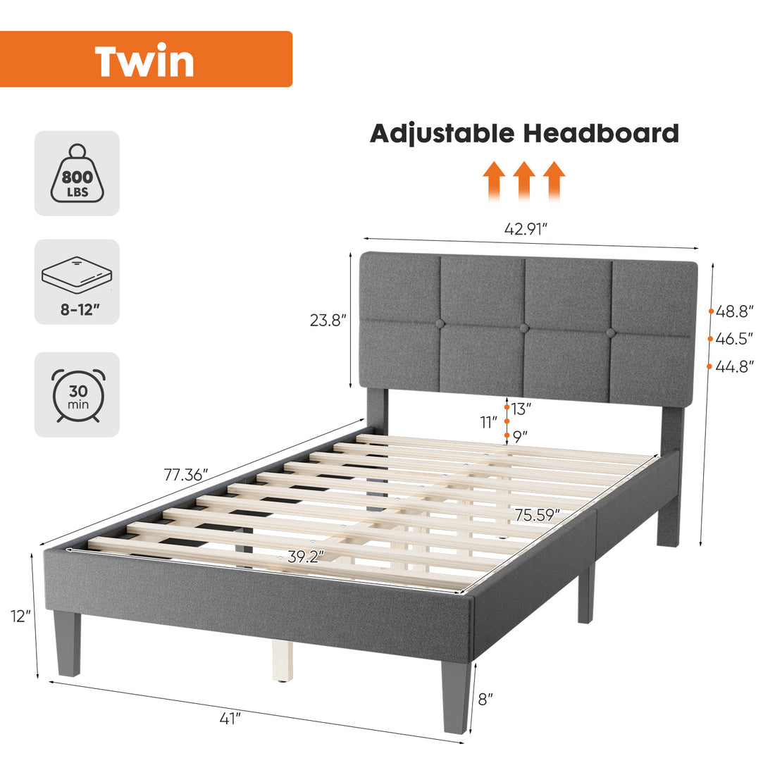 Twin Size Wood Bed Frame Linen Upholstered Platform Bed With Headboard, No Box Spring Needed With 800Lbs Sturdy Wooden Slats Support, Noise Free, Easy Assembly, Grey Gray Metal & Wood