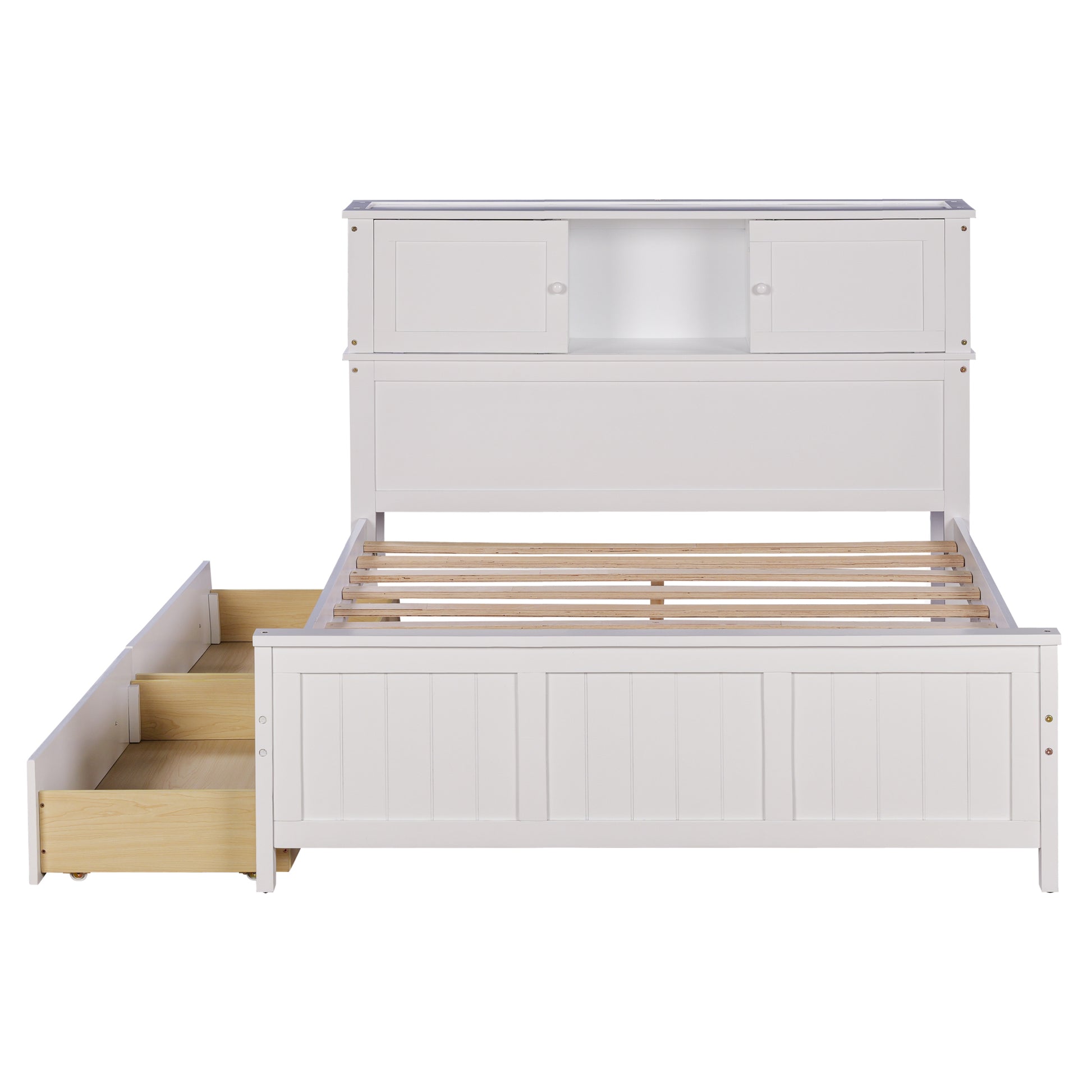 Full Size Platform Bed With Storage Headboard And Sliding Door,2 Drawers, White Full White Solid Wood Mdf