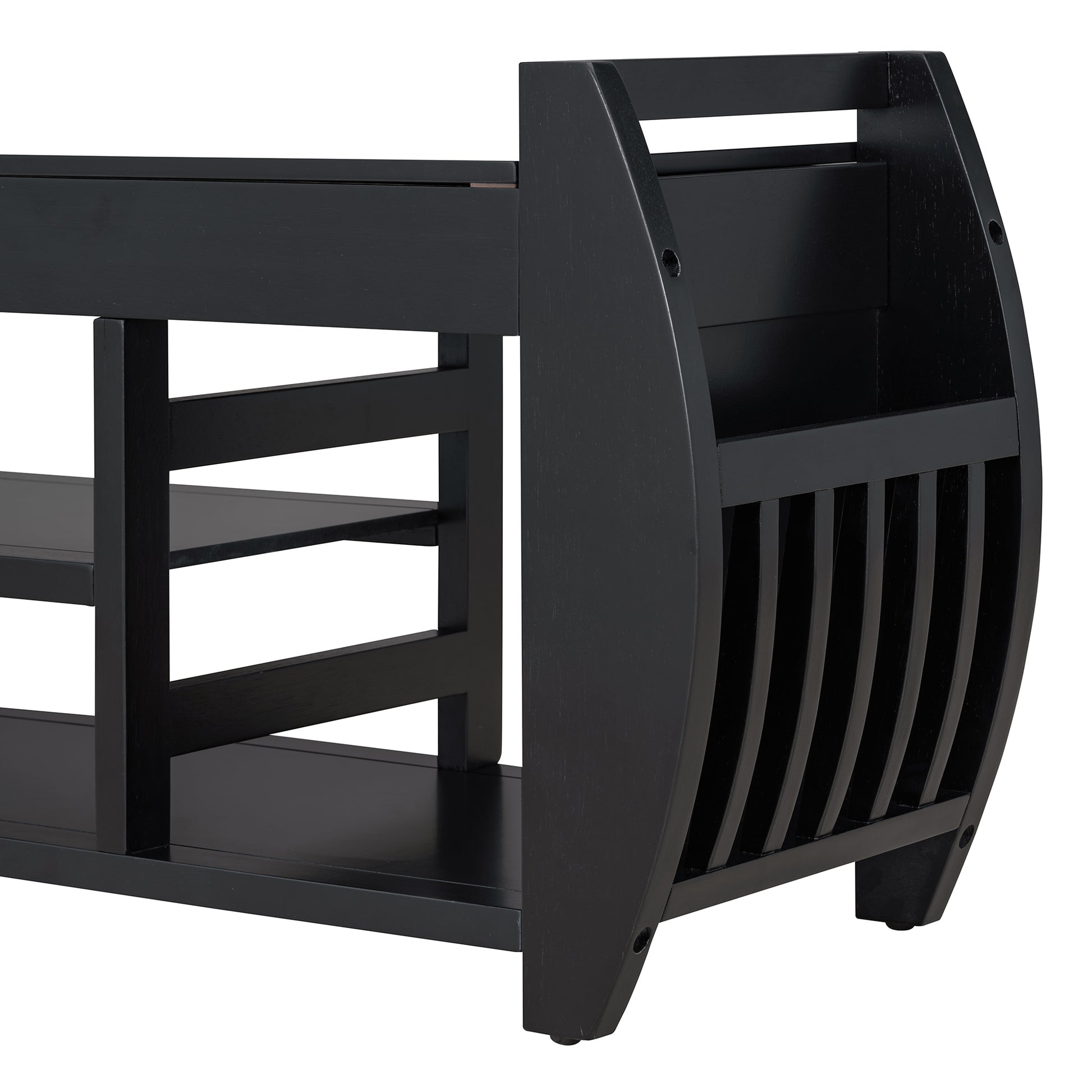 Retro Multifunctional Storage Bench With Cushion And Curved Side Panel For Entrance And Living Room Black Black Mdf