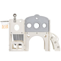 7 In 1 Toddler Slide Set, Freestanding Space Set With Slide, Kids Slide Playset Structure, Arch Tunnel And Basketball Hoop, Toy Storage Organizer For Toddlers, Kids Climbers Playground Grey White 50 99 Lbs Cute 1 To 2 Years Hdpe Indoor & Outdoor Use