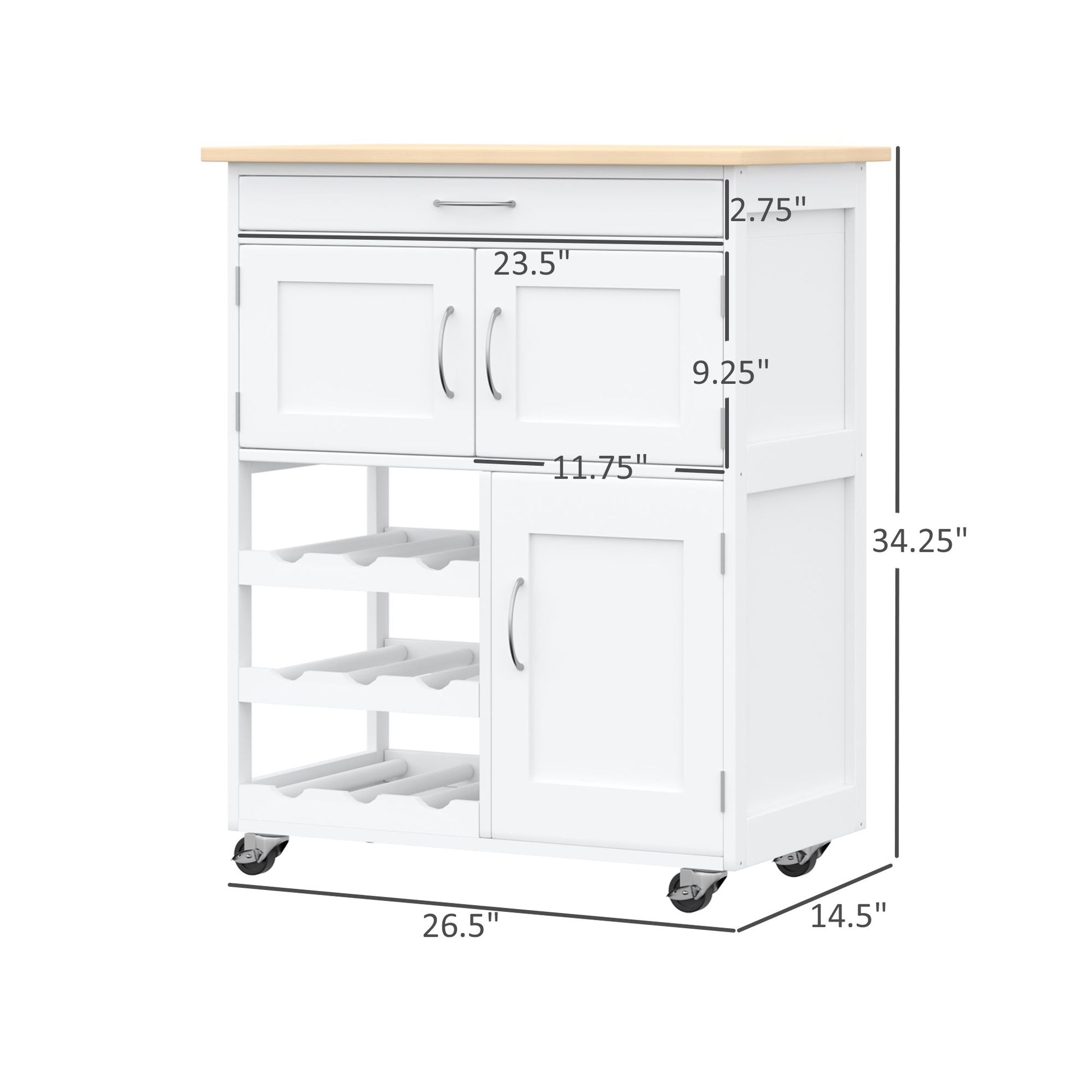 Homcom Bar Cart Rolling Kitchen Island On Wheels With Wine Rack White Rubber Wood