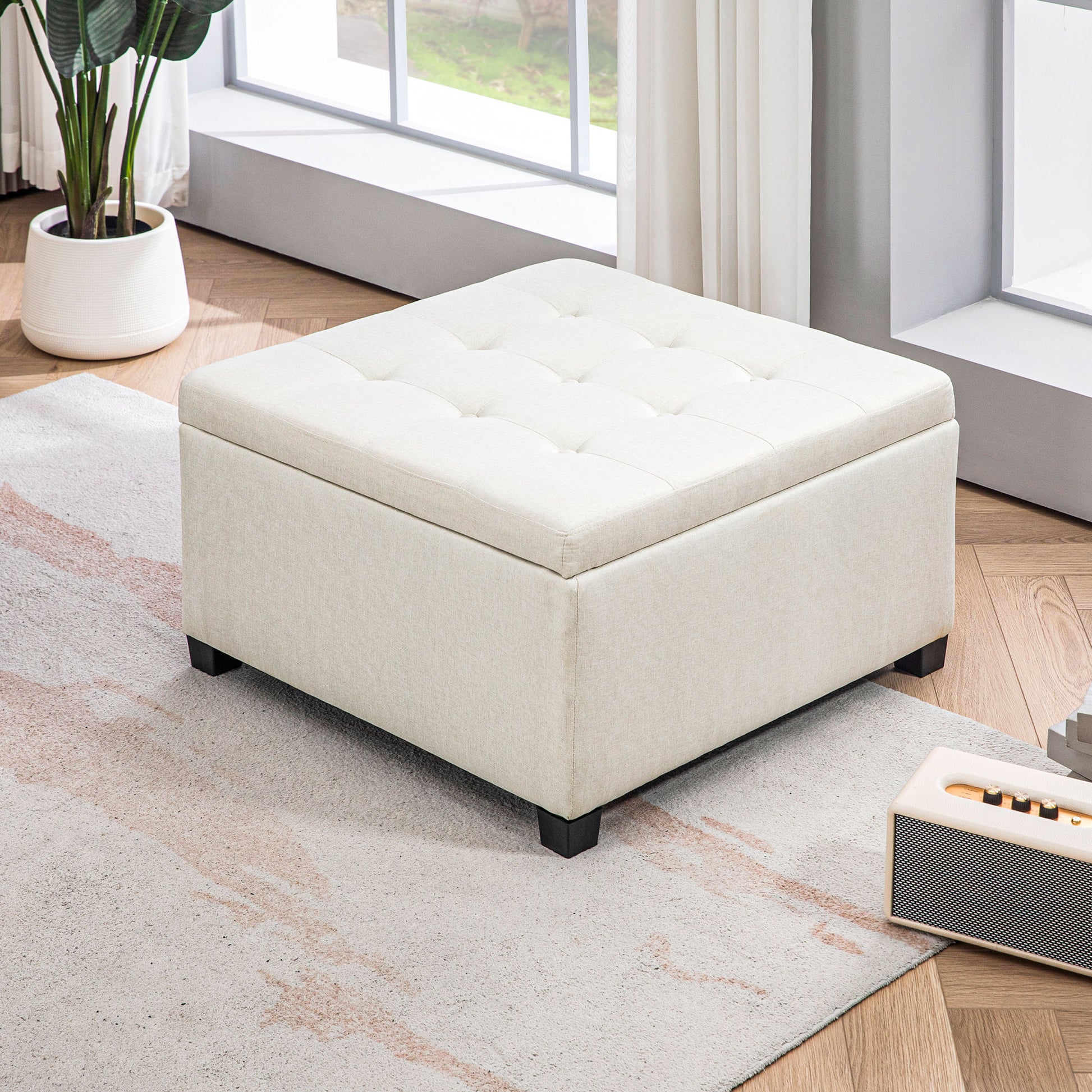 Homcom Fabric Tufted Storage Ottoman With Flip Top Seat Lid, Metal Hinge And Stable Eucalyptus Wood Frame For Living Room, Entryway, Or Bedroom, Beige Beige Polyester