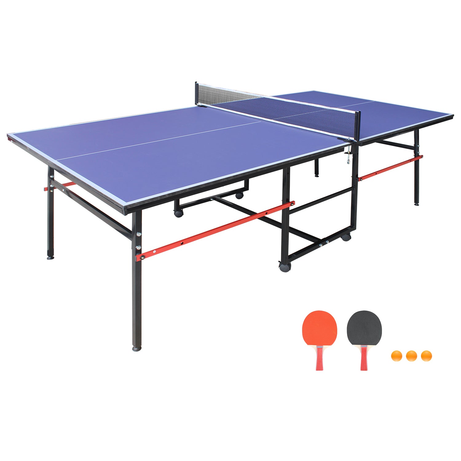 8Ft Mid Size Table Tennis Table, Foldable Ping Pong Table For Indoor & Outdoor Games With Net, 2 Table Tennis Paddles And 3 Balls Blue Mdf