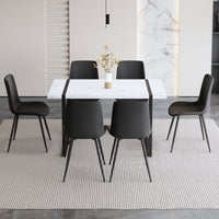 Table And Chair Set.A Modern Minimalist White Marble Veined Mdf Dining Table With Metal Frame.Paried With 6 Chairs With Pu Cushions And Black Metal Legs. Black,White Seats 6 Mdf Metal