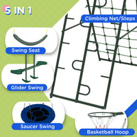 Outsunny 528 Lbs Swing Set For Backyard, 5 In 1 Heavy Duty A Frame Stand Outdoor Playset For Kids, With Saucer Swing, Slide, Swing Seats, Glider, Basketball Hoop, Climbing Steps And Net Green Steel