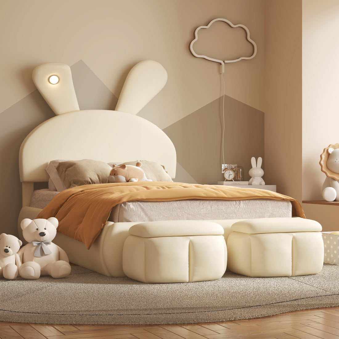 Twin Size Upholstered Platform Bed With Cartoon Ears Shaped Headboard And Light, Beige Box Spring Not Required Twin Beige Wood Bedroom Bed Frame Velvet Upholstered