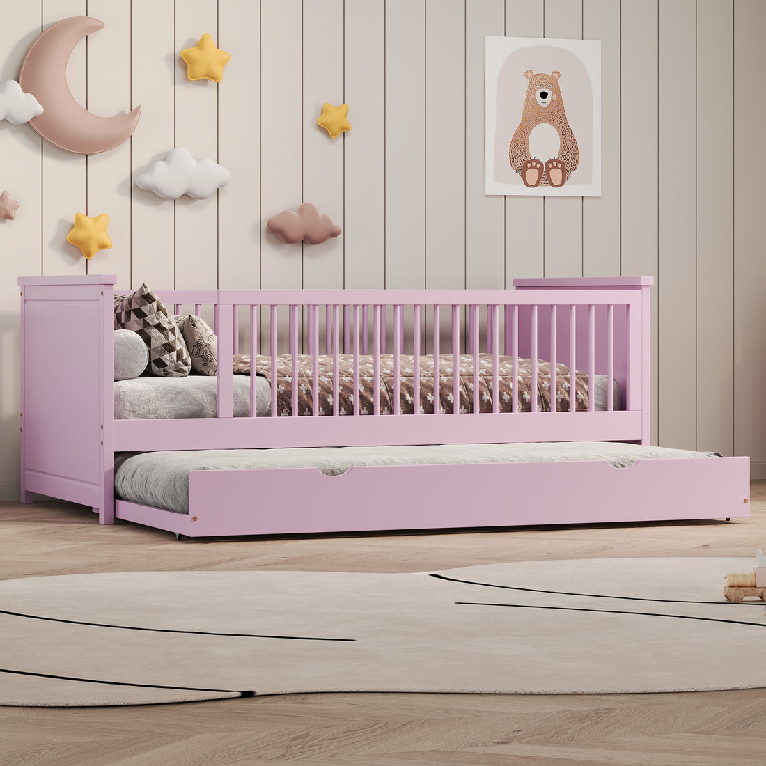 Wood Twin Size Platform Bed With Guardrail And Trundle, Pink Box Spring Not Required Twin Pink Wood Bed Frame Solid Wood Mdf