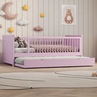 Wood Twin Size Platform Bed With Guardrail And Trundle, Pink Box Spring Not Required Twin Pink Wood Bed Frame Solid Wood Mdf