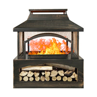 37 Inch Rectangular Metal Outdoor Wood Burning Fireplace Outdoor Fireplace With Built In Log Storage And Poker Brushed Bronze,Log Burner Fire Pit For Patio Garden And Backyard Antique Brass Garden & Outdoor Antique Steel