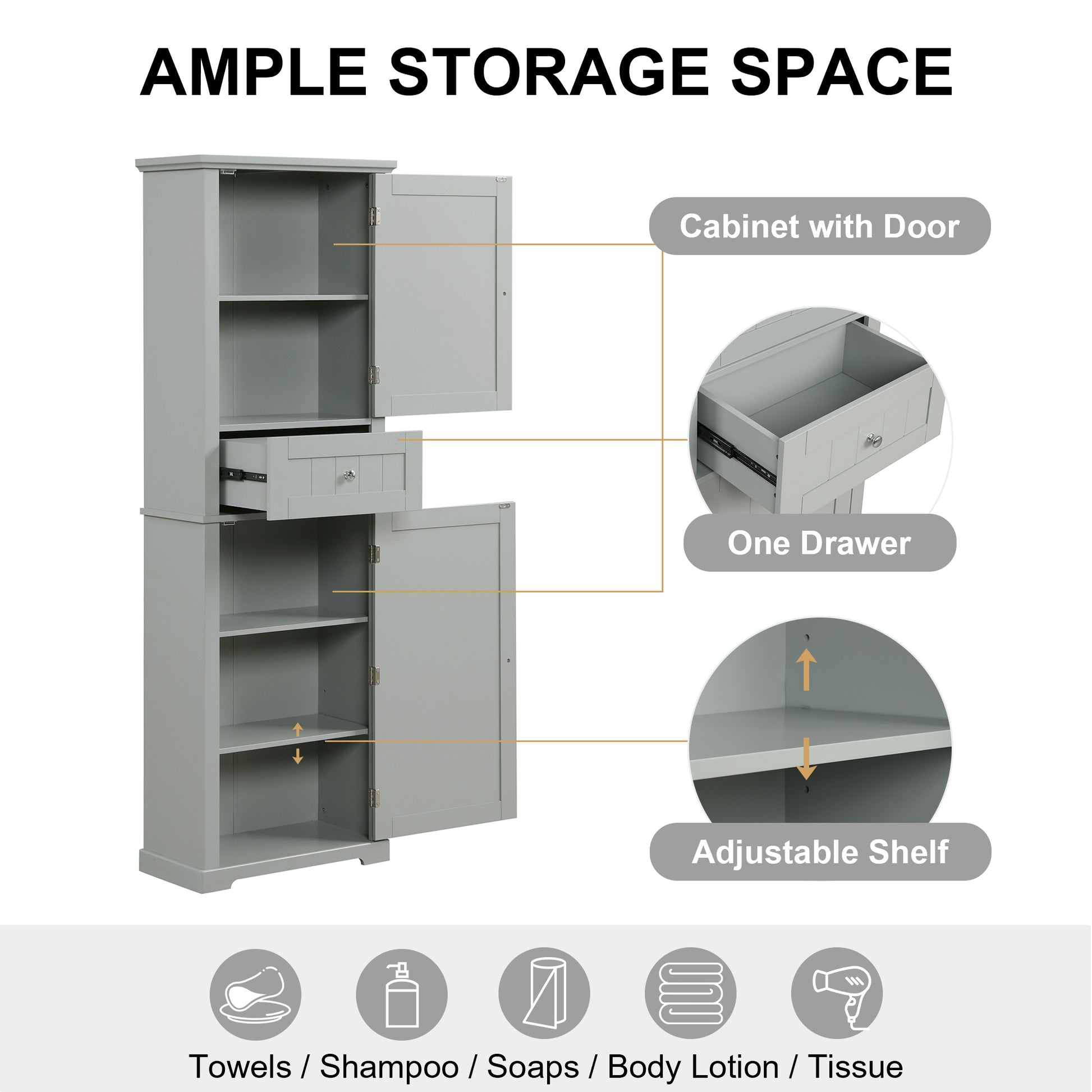 Tall Bathroom Storage Cabinet, Freestanding Storage Cabinet With Drawer And Adjustable Shelf, Mdf Board With Painted Finish, Grey Grey Mdf