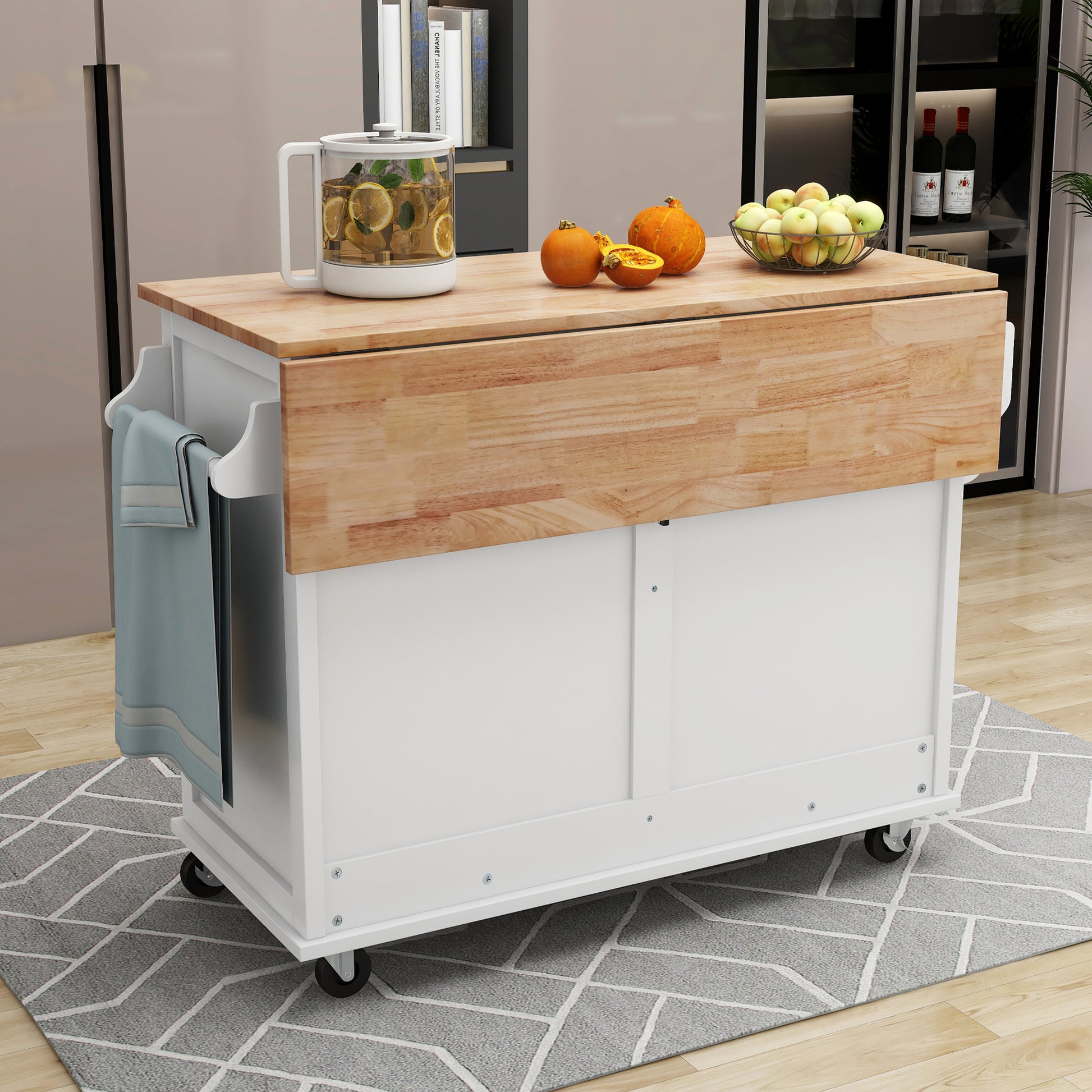 Kitchen Cart With Rubber Wood Drop Leaf Countertop, Concealed Sliding Barn Door Adjustable Height,Kitchen Island On 4 Wheels With Storage Cabinet And 2 Drawers,L52.2Xw30.5Xh36.6 Inch, White White