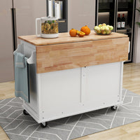 Kitchen Cart With Rubber Wood Drop Leaf Countertop, Concealed Sliding Barn Door Adjustable Height,Kitchen Island On 4 Wheels With Storage Cabinet And 2 Drawers,L52.2Xw30.5Xh36.6 Inch, White White