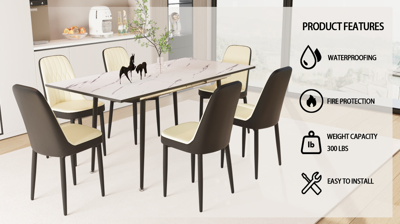 An Expandable Dining Table Set For 2 6 People, Equipped With Pu Fabric Thick Cushioned Dining Chairs And An Elegant And Spacious Dining Tablekitchen Table And Chair Set, With Black Metal Legs Beige