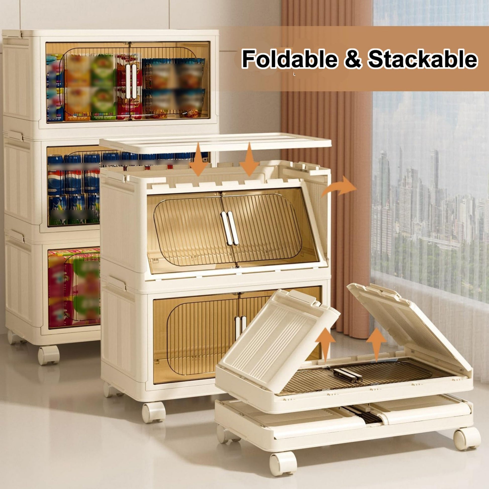 19.69" Side Wide Folding Storage Cabinet ,3 Tiers,19.69" 11.81" 31.1",Collapsible Storage Bins With Magnetic Door, Plastic Storage Cabinet With Wheels, Closet Organizers And Storage Containers Cream