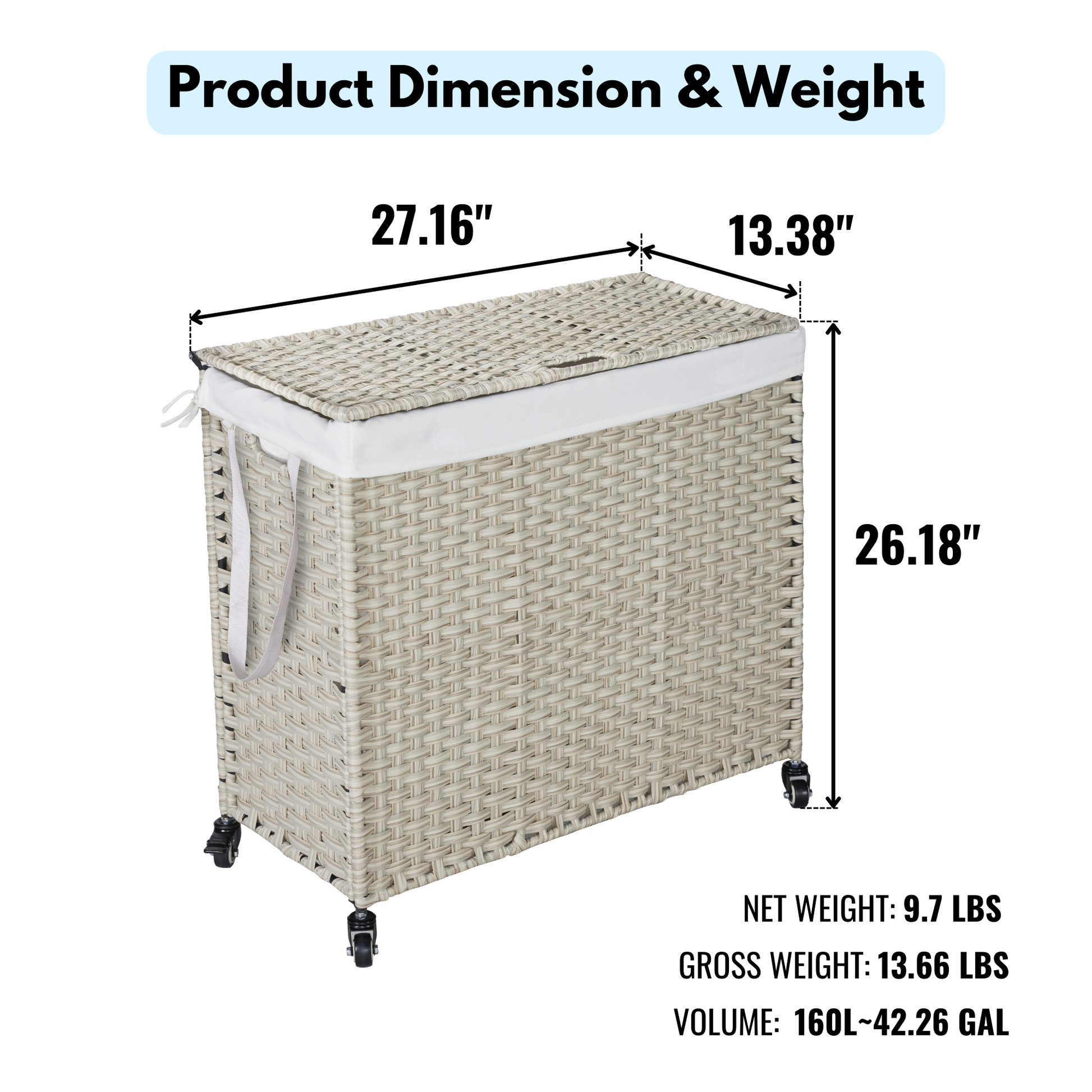 Laundry Hamper With Lid Pe Rattan Powder Coating Frame Clothes Hampers With 02 Removable Bags, Wheels, 160L, Grey Color Light Grey 1 Foldable Bathroom American Design,American Traditional Wicker