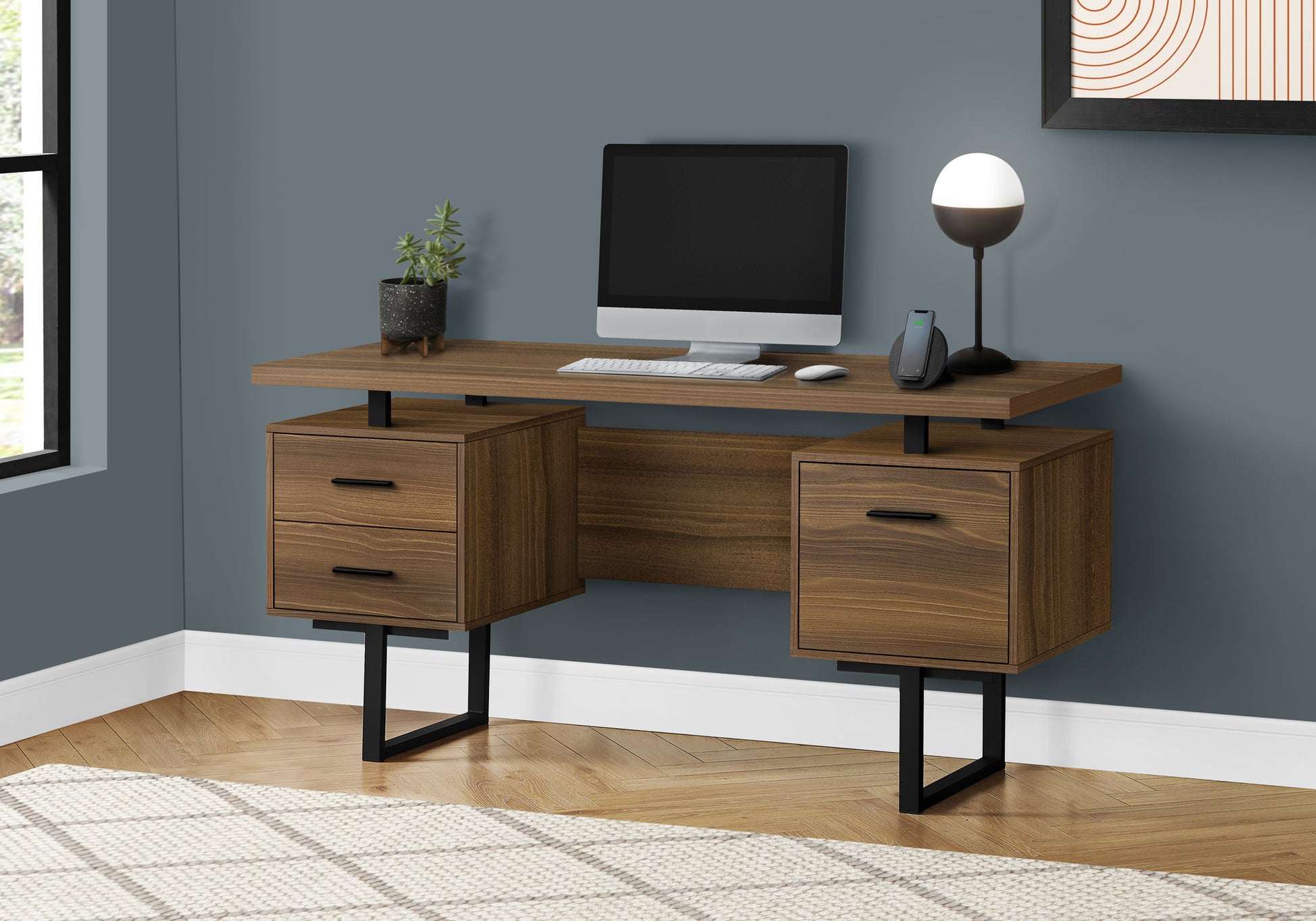 Computer Desk, Home Office, Laptop, Left, Right Set Up, Storage Drawers, 60"L, Work, Walnut Laminate, Black Metal, Contemporary, Modern Walnut Particle Board