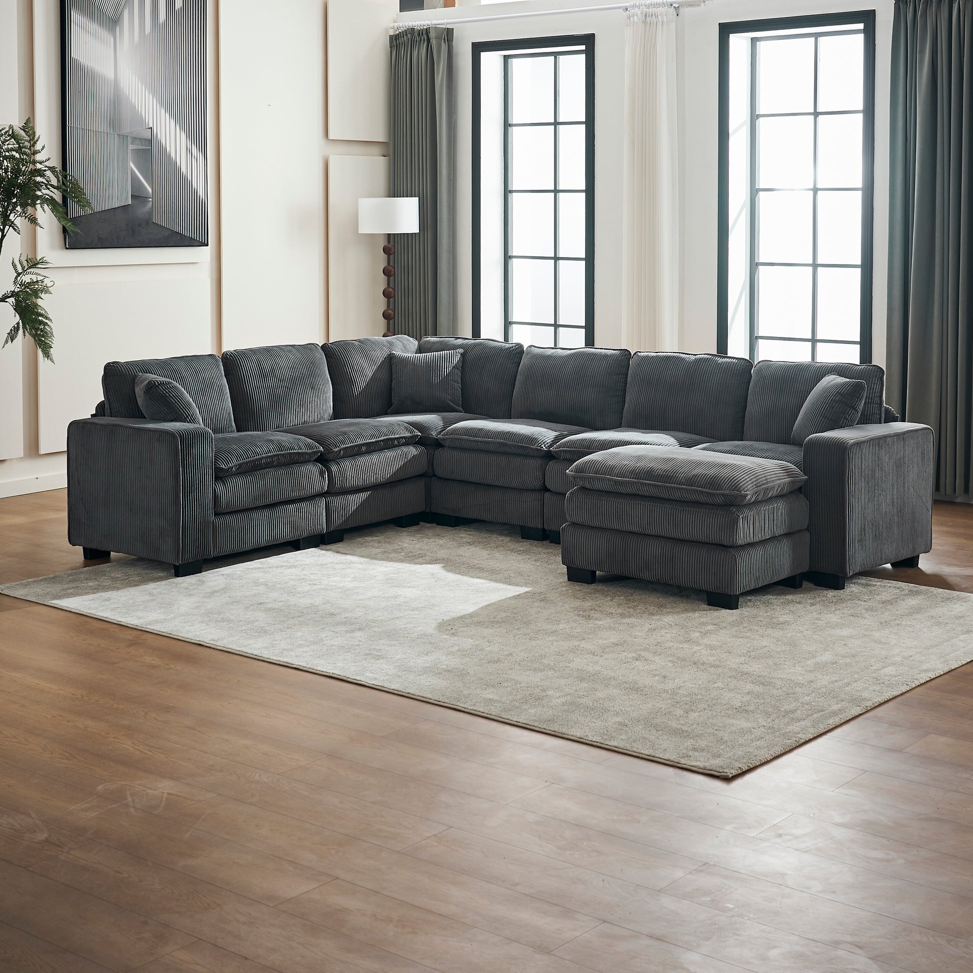 Modern U Shaped 6 Seat Sectional Sofa Couch With One Ottoman And Three Toss Pillows ,Modular Sofa For Living Room,Corduroy Sofa Grey Corduroy 7 Seat