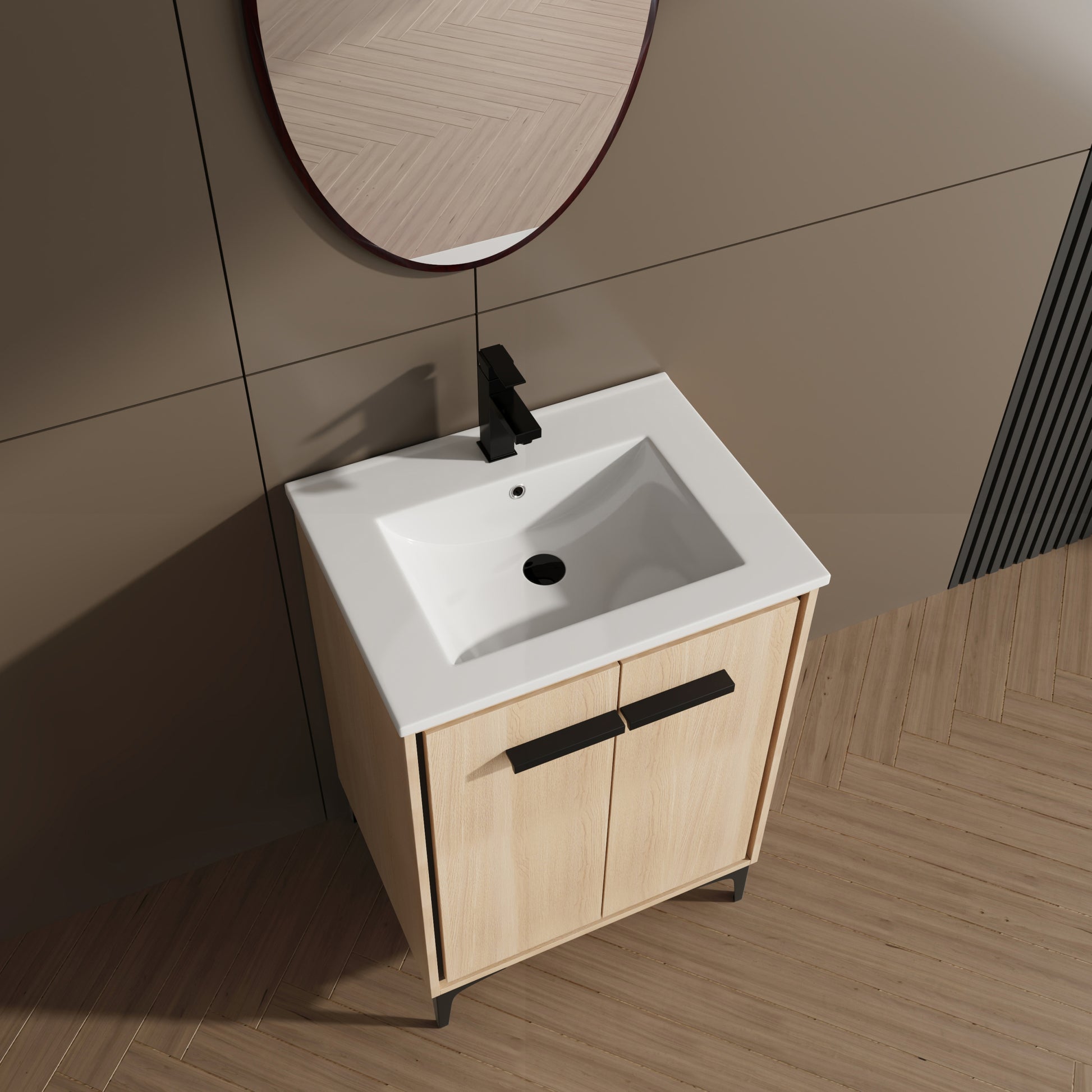 24 Inch Bathroom Vanity Base With Basin, Storage Cabinet With Doors, Engineered Wood Oak Bathroom American Design Ceramic Engineered Wood