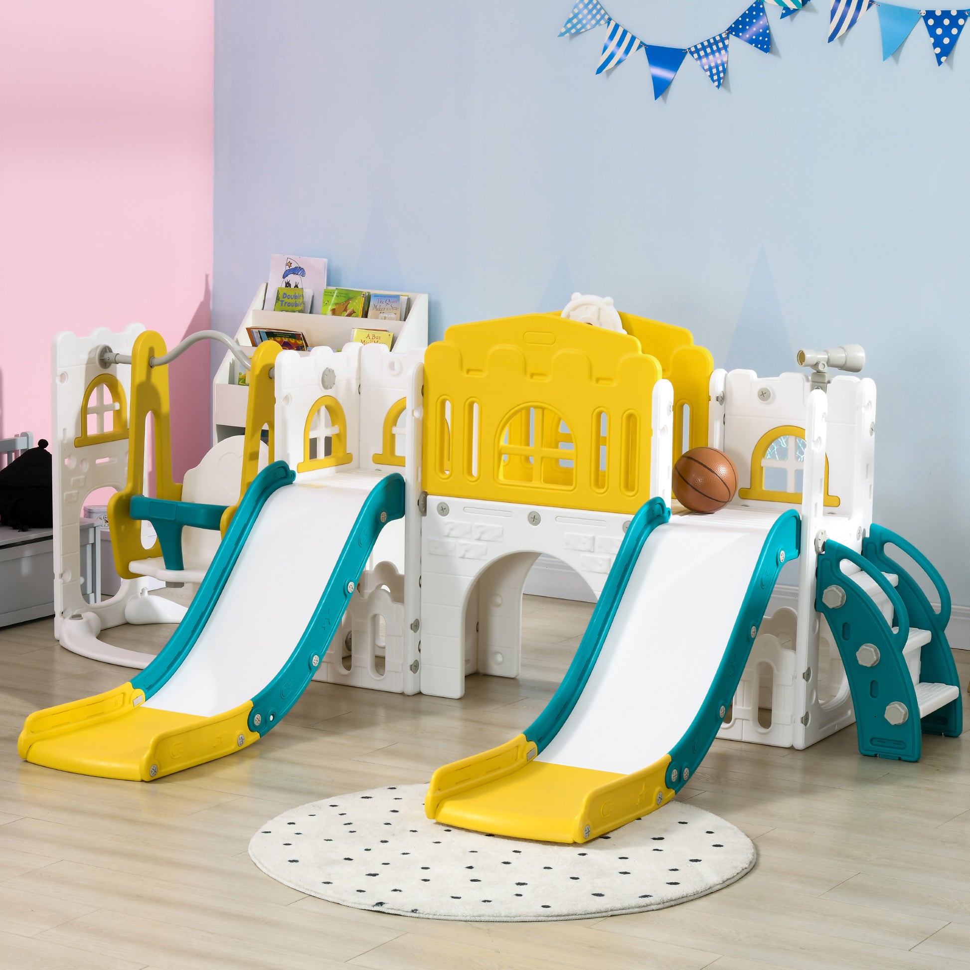 Qaba 8 In 1 Toddler Slide And Swing Set With 2 Slides, Baby Slide For Ages 1 3 With Basketball Hoop, Climber, Aisle, Steering Wheel, Storage Space, Telescope, Indoor Playground, Yellow Yellow Plastic