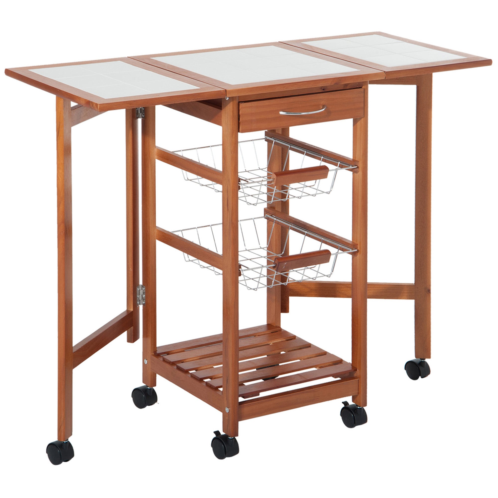 Homcom 37" Modern Wooden Kitchen Island With Drop Leaf, Rolling Cart With Basket Storage Honey Iron