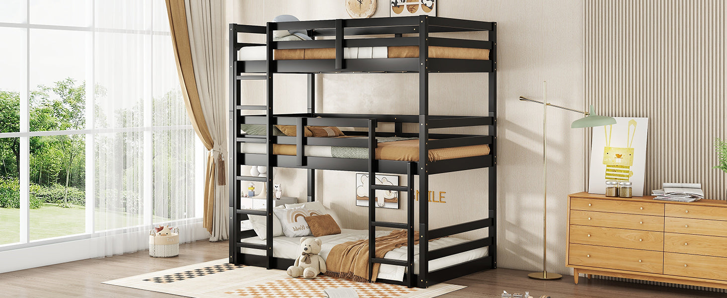 Triple Rubber Wood Bunk Bed With Two Built In Ladders, Guardrails, Twin Over Twin Over Twin, Detachable Triple Twin Bunk Bed,Black Twin Black Bedroom American Design Bed Frame Rubber Wood