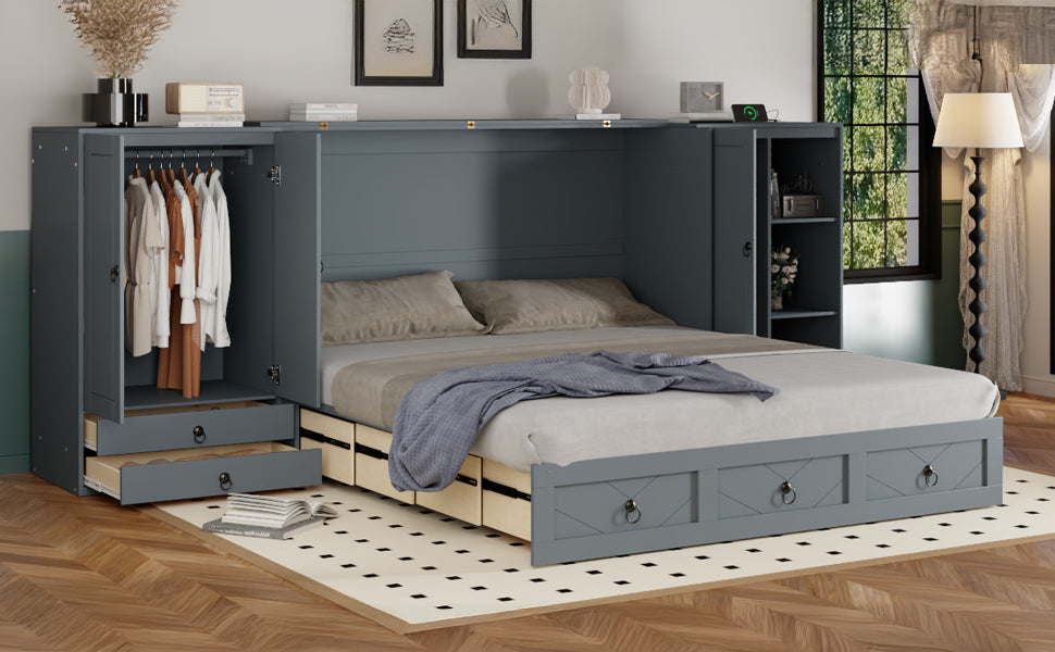 Queen Size Murphy Bed With Usb Port, Little Wardrobes And Drawers, Gray Queen Gray Particle Board Mdf