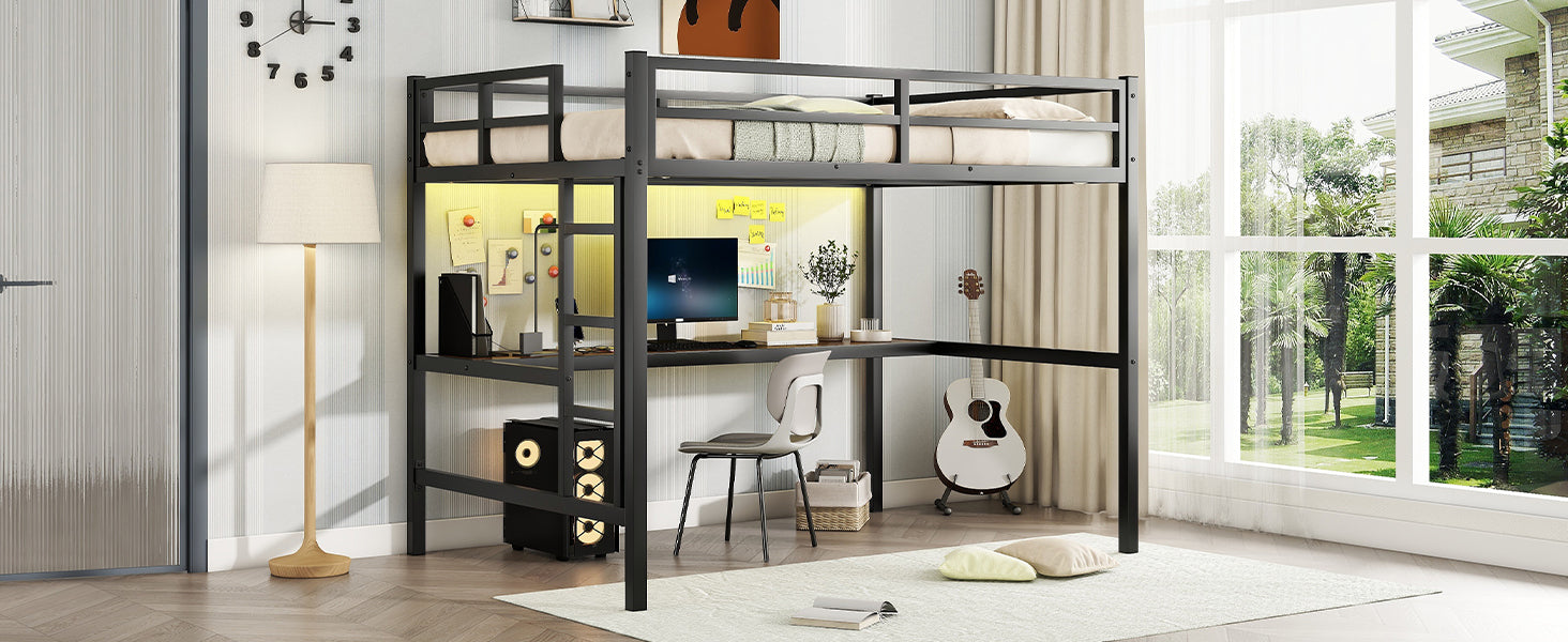 Metal Full Size Loft Bed With Power Outlet And Led Lighted, Space Saving, Noise Reduced, Black Full Black Metal