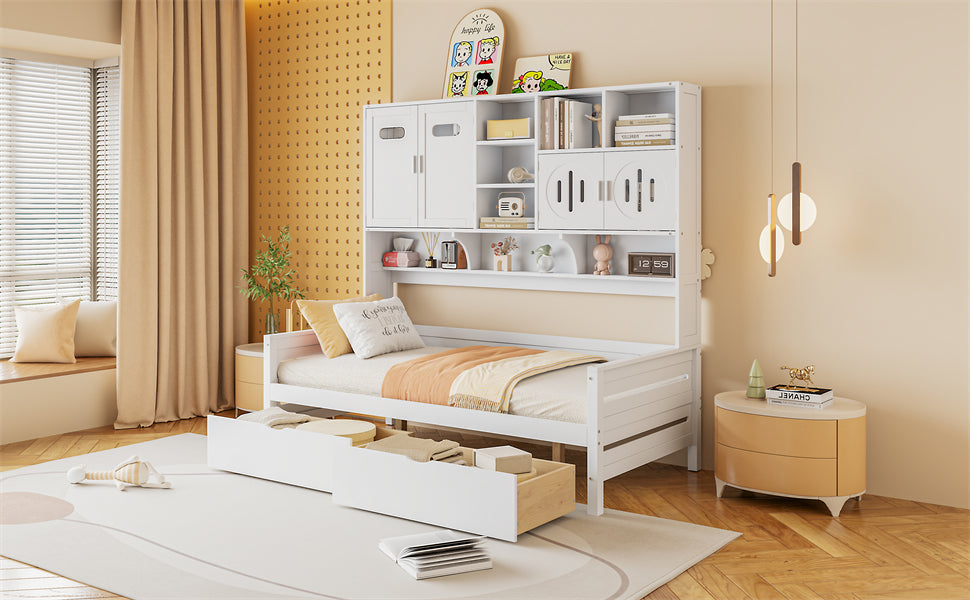 Twin Size Wooden Daybed With 2 Drawers, And All In One Cabinet And Shelf, White Twin White Wood