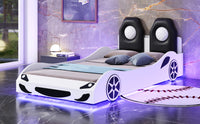 Wood Twin Size Race Car Shaped Platform Bed With Led And Upholstered Backrest, White Expected Arrival Time: 10.28 Box Spring Not Required Twin White Wood Faux Leather,Solid Wood Mdf