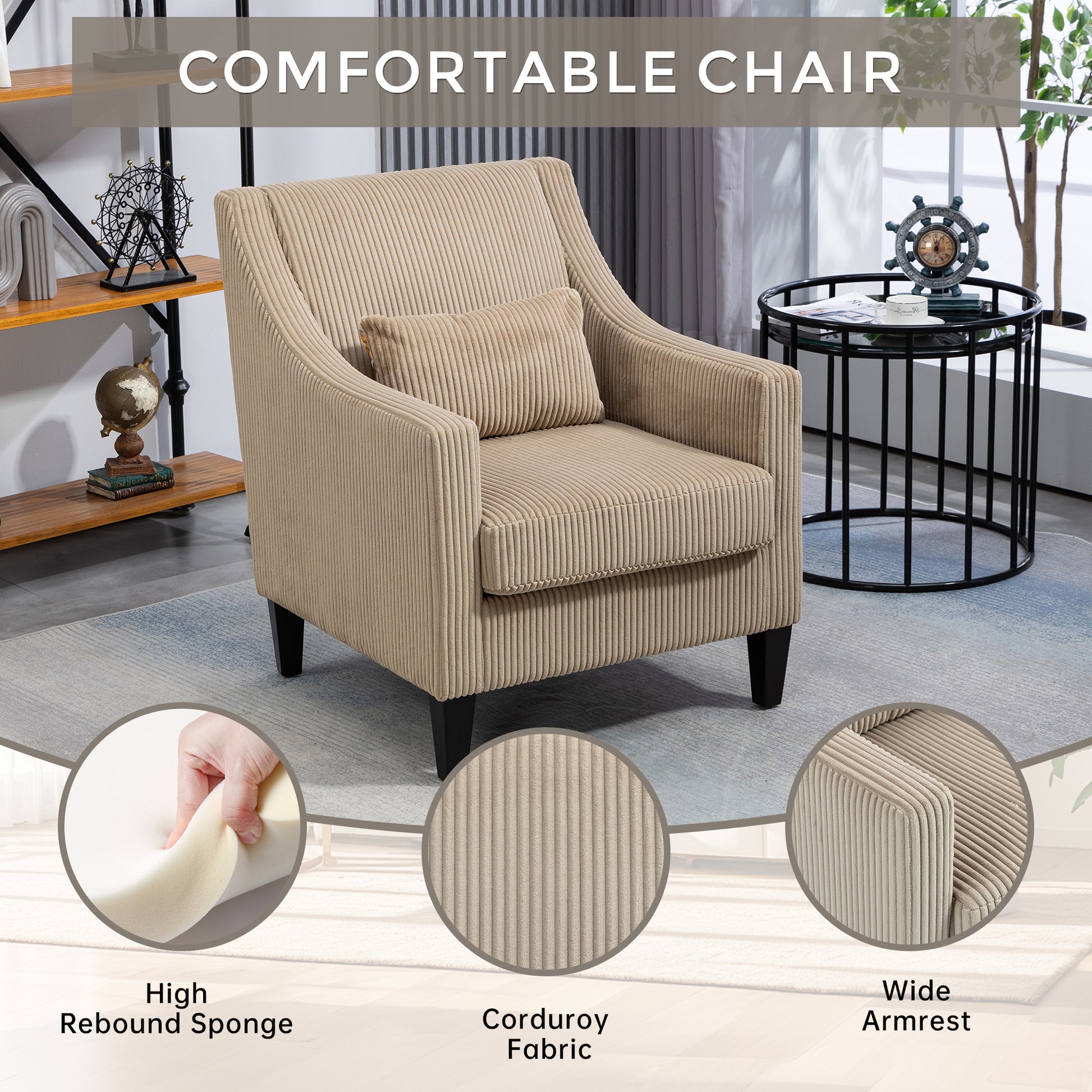 Coolmore Modern Accent Chair,Upholstered Armchair With Scooped Arms For Bedroom,Apartment,Studio,Office,Waiting Room Camel Corduroy Camel Primary Living Space Foam Corduroy