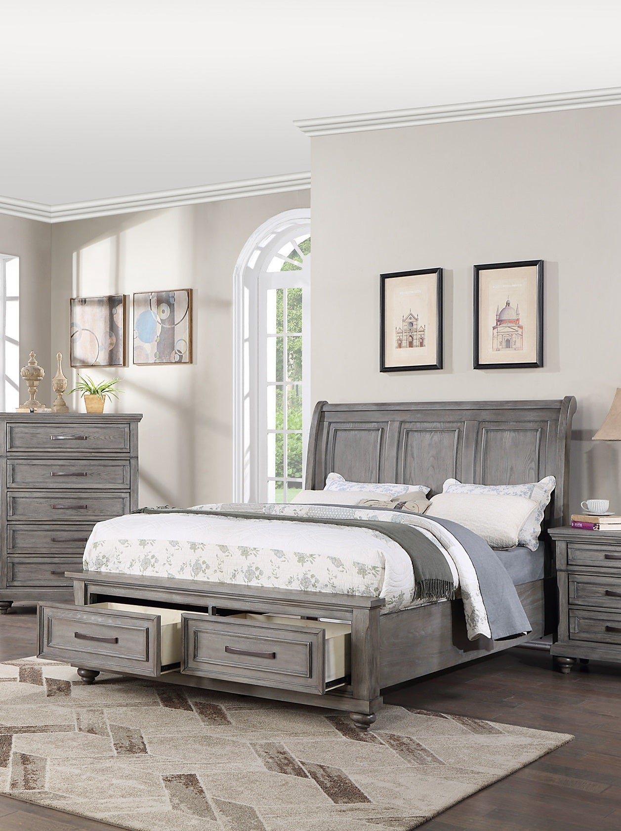 Queen Size Bed W Underbed Drawer Vintage Look Gray Color Beautiful Panel 1Pc Bedframe Bedroom Box Spring Required Queen Antique Gray,Gray Wood Bedroom Contemporary,Modern,Transitional Storage