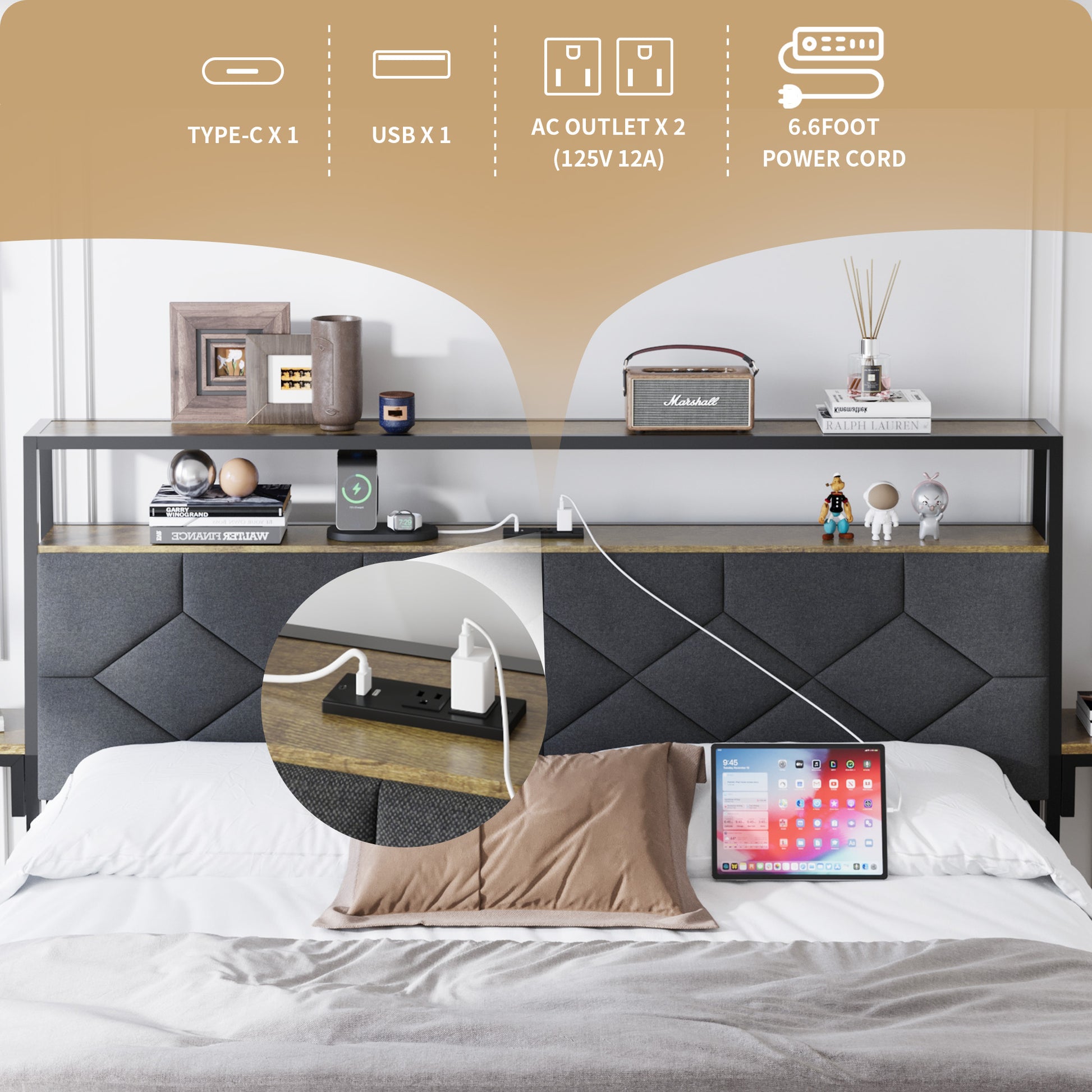 Queen Size Bed Frame With Rgb Led Lights,Usb Port And Power Outlet,Upholstered Headboard Soft Backrest And Bedside Shelf,No Box Spring Neededrustic Brown Box Spring Not Required Queen Brown Gray