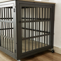 Furniture Style Dog Crate Wrought Iron Frame Door With Side Openings, Grey, 38.4''W X 27.7''D X 30.2''H. Grey Particle Board