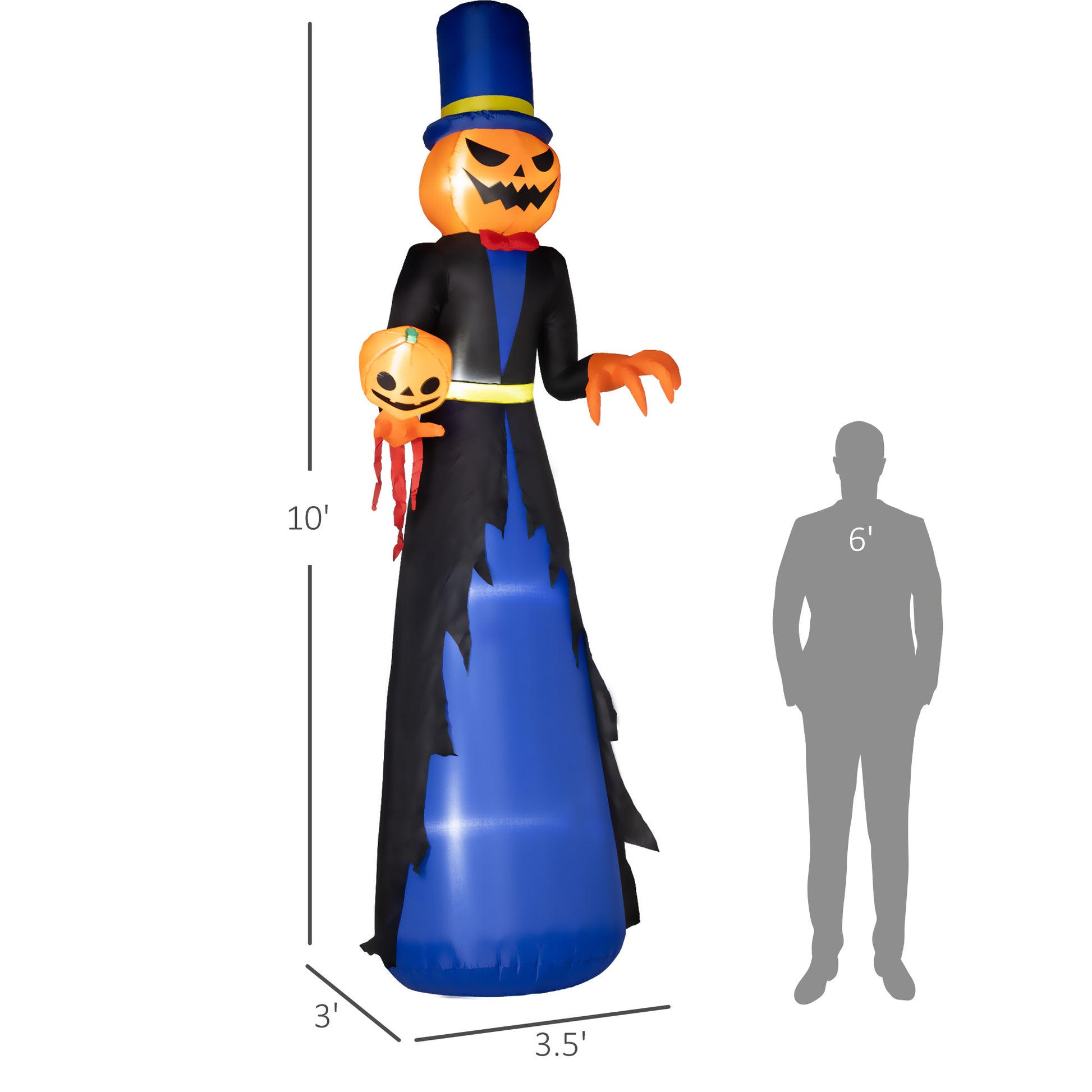 Outsunny 10Ft Inflatable Halloween Pumpkin Head Reaper, Blow Up Halloween Decoration Outdoor Led Yard Display, Waterproof Black Polyester